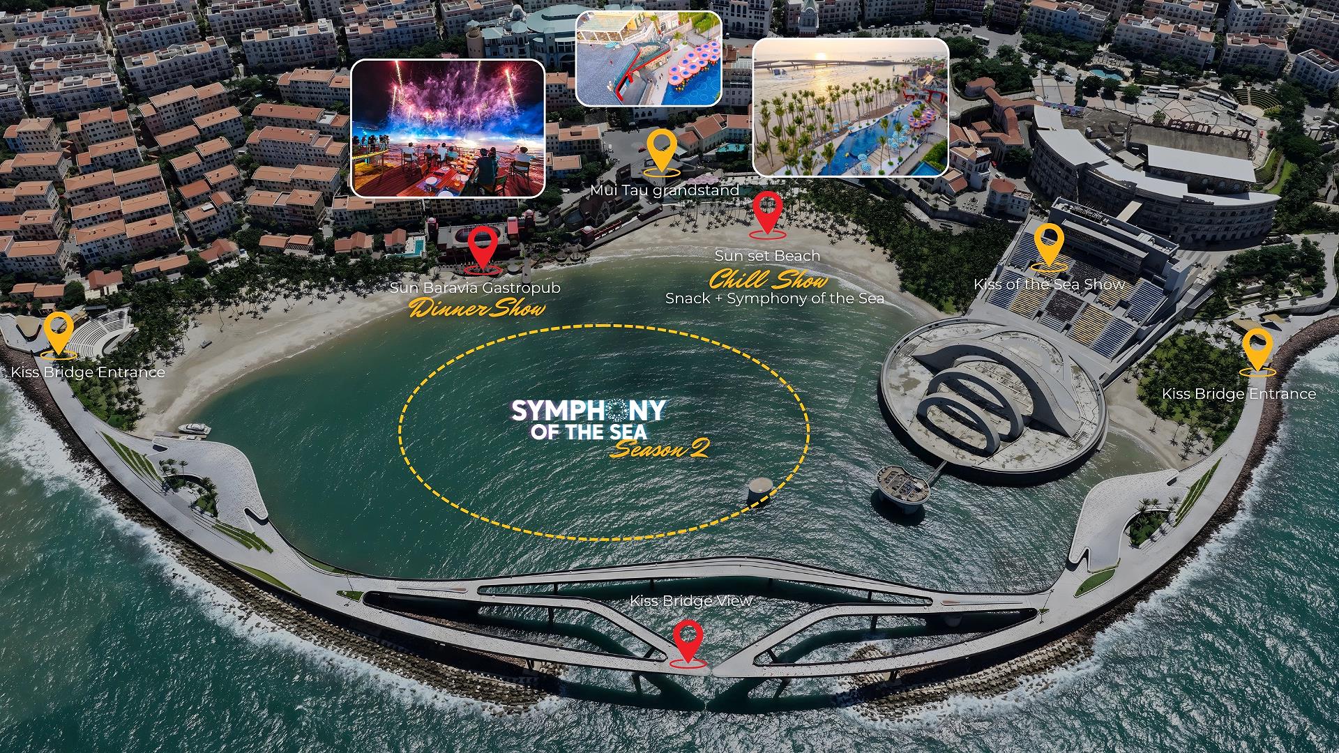Booking interface for Kiss of the Sea show at Sunset Town Phu Quoc with visual of fireworks and water stage.