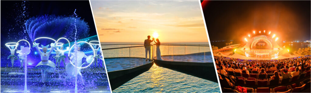 Kiss of the Sea multimedia show at Sunset Town Phu Quoc featuring fireworks, laser effects, and giant water fountains over the ocean.